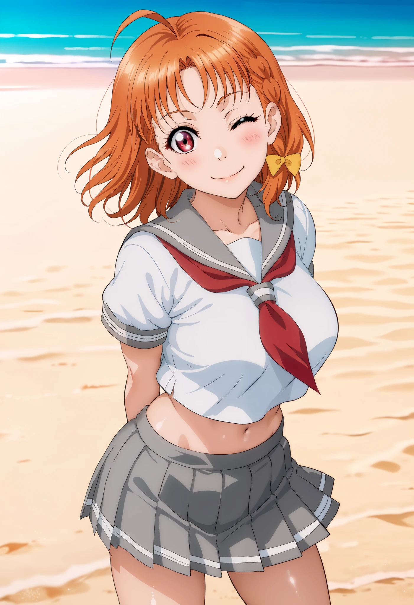 1girl, takami chika, medium hair, orange hair, standing, sporty athletic build, confident pose, 2D, cell shading, anime style, video game art, sharp lines, vibrant colors, retro style, big breasts, breasts outlines, RUKIA Style, shiny skin, ahoge, blush, braid, grey sailor collar, grey skirt, looking at viewer, miniskirt, pleated skirt, red eyes, red neckerchief, sailor collar, serafuku, shirt, short sleeves, side braid, smile, solo, split mouth, summer uniform, uranohoshi school uniform, white shirt, yellow bow, standing on beach, playful pose, ish pose, light breeze, flowing hair, flowing clothes, beach setting,arms behind back,one eye closed, midriff