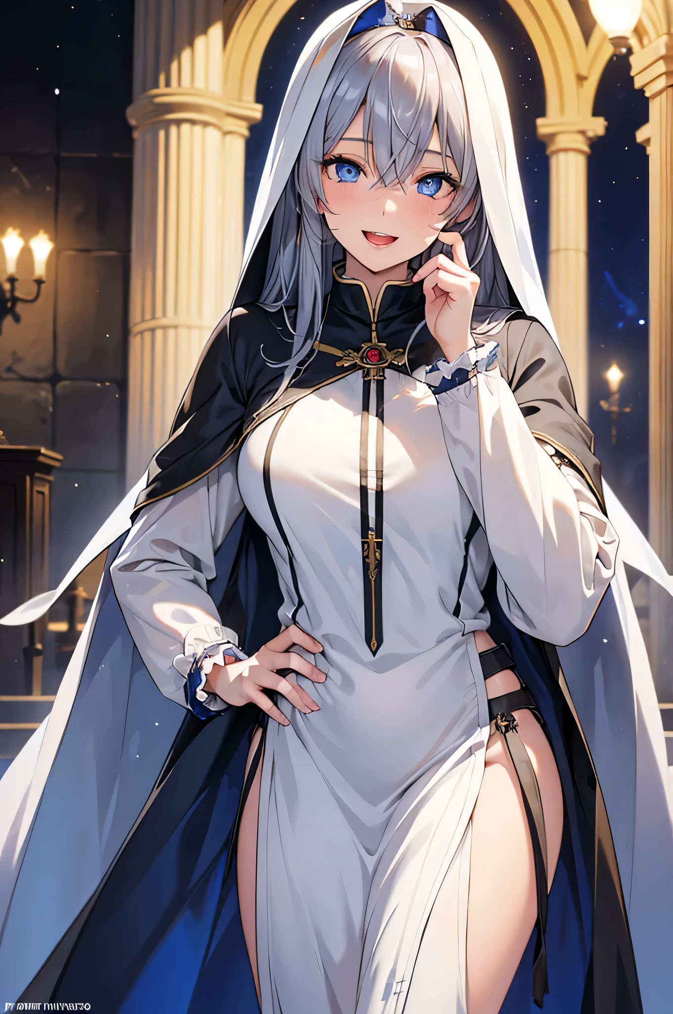 8k resolution,(( top quality )), super high resolution ,Adult female, Alone, sexy, ( gentle smile), ( blue eyes), beautiful symmetrical face , (long silvery curled hair),Priest's ceremonial dress, long skirt with a slit, realistic :1.4, realistic :1.4,( Masterpiece :1.2), perfect eyes, perfect eyes, Anatomically Correct Human Body ,( open mouth :1.1),Sigh,Church at night,(Vampire Fangs),Tempting,Face Veil