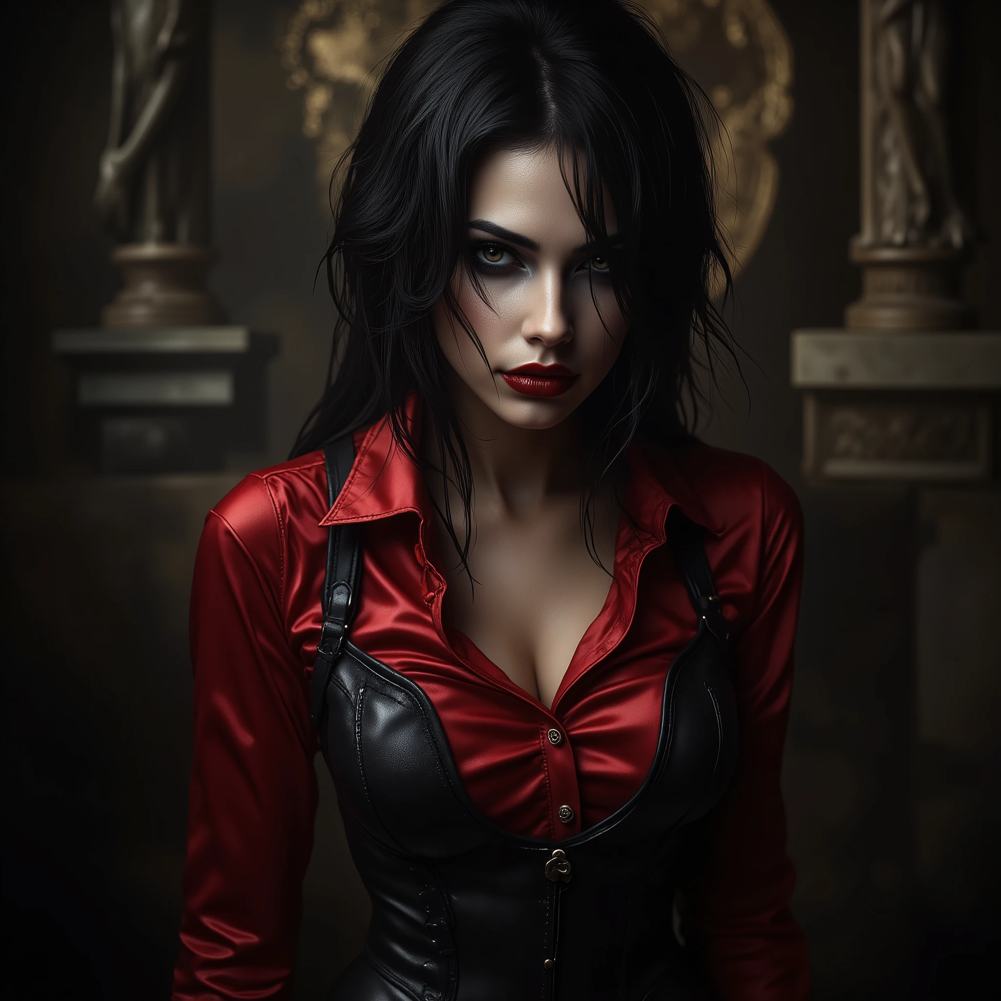 Super Detailed, laraw1nt3rflx , dark hair, wearing red satin collared shirt, long sleeves, tight corset, latex pants, looking at viewer, sensual expression, fierce look, perfect make-up, cannon 6d, octane render, striking, expressive look, (smiling:1.3), alluring look, determined look, strong eyeliner, mesmerizing eyes, elegant, graceful, natural beauty, magnetic, charismatic, versatile, photogenic, backlit, Notre Dame Cathedral, Middle Ages Era Cathedral, illuminaty, secret society, stoned artifacts of Jesus Christ crucified, (sunset:1.3)