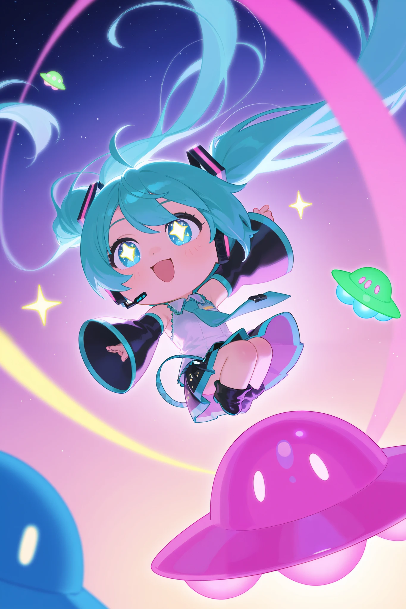 Anime girl with blue hair flying through the air with a spaceship in ...