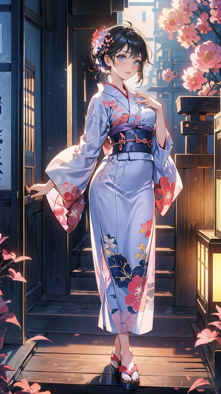 Anime woman in kimono dress standing in front of wall, alphonse mucha and rossdraws, oriental art nouveau, ross tran style, japanese art style, artgerm and atey ghailan, in the style of ross tran, inspired by Ross Tran, palatial palace , a girl in hanfu, Exquisite digital illustration, :: rossdraws, beautiful digital illustrations, Kimono Poster style card