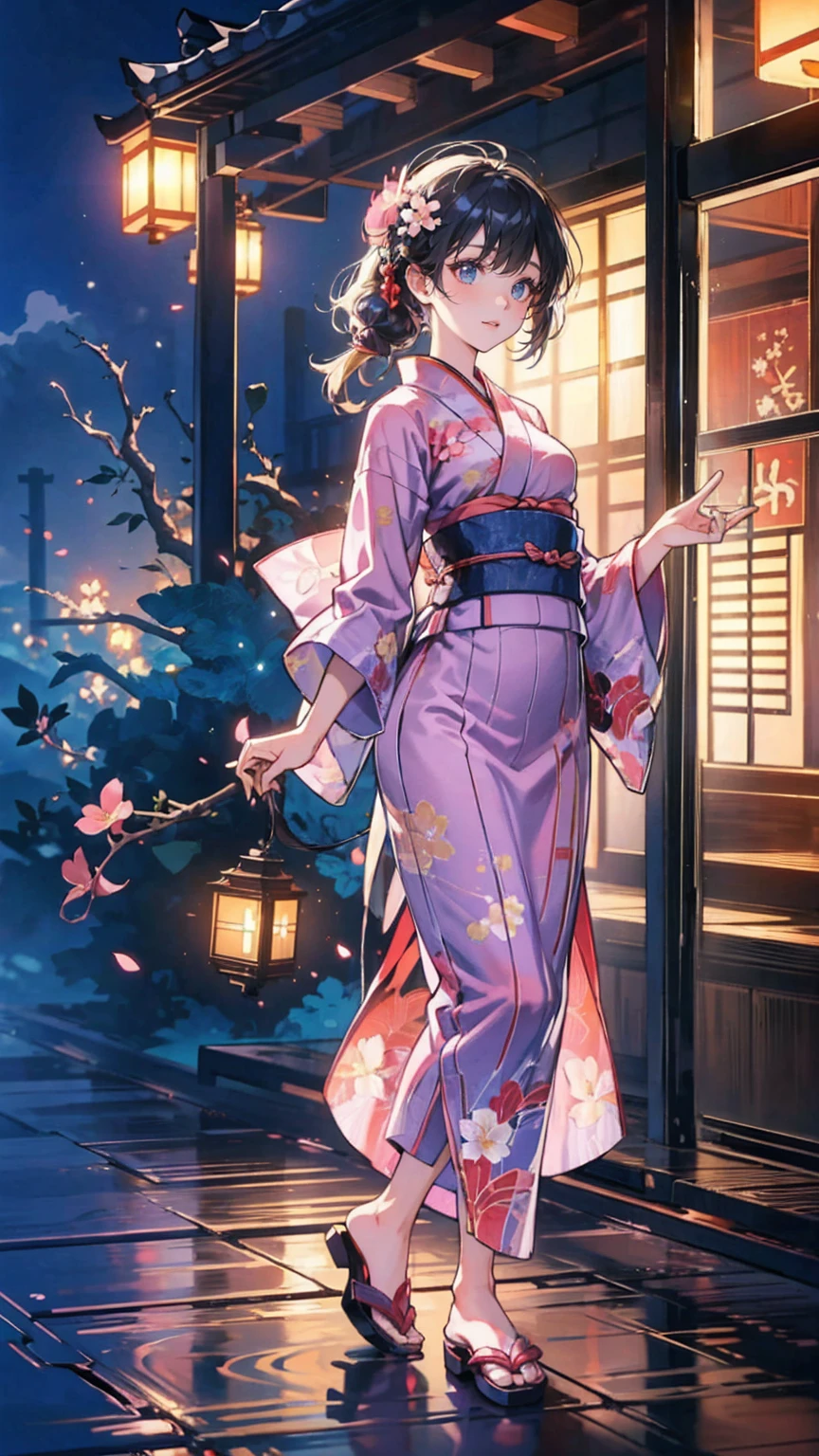   beautiful girl 、Japanese Yukata/Japanese-style yukata/Japanese style yukata 、　 flower-patterned yukata 、 head to toe depiction、 full body view
