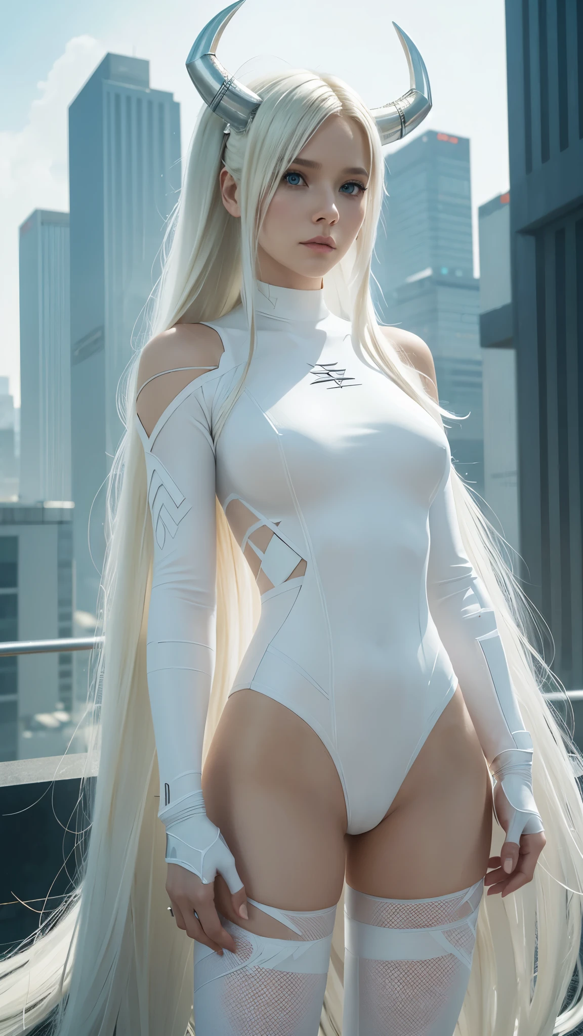 A world of only white, Black and gray(Futuristic cities),20 years girl,masutepiece , Best Quality,The best illustrations,Nahida(GenshinImpact) ,very slender body,tiny chest,Skinny Legs,Long hair ,Side Ponytail, Hair Ornament ,Street, White hair , White hair , hand behind head:1.5,multicolored hair, elf ,Skinny Legs,smil,Tsundere,