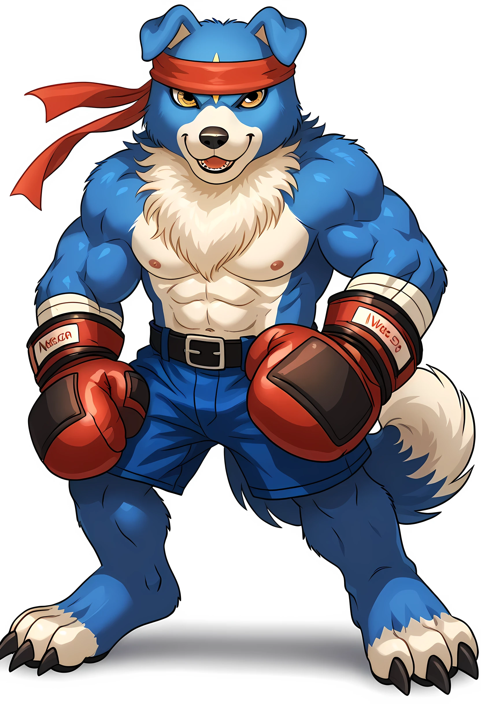 source_anime, cartoon, gaomon (character), digimon (creature), dog boy, blue body, headband, yellow eyes, boxing gloves, white background, detailed, (cel shaded, flat colors):1.5, full body, by wfa, by negger, confident, strong posture, wide stance, belt, boxing trunks