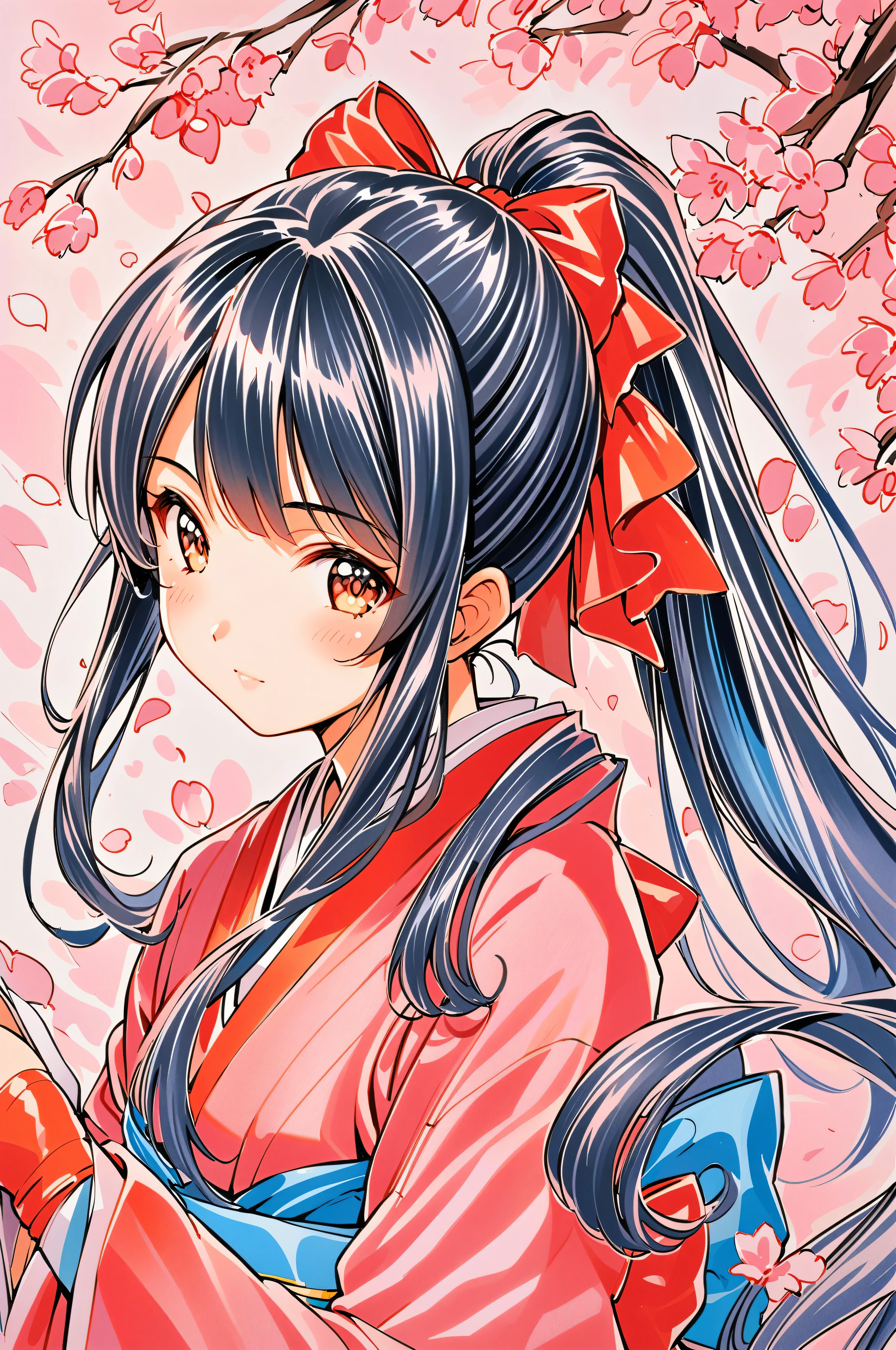 1girl, solo, bow,long hair, red bow, japanese clothes, ponytail, hair bow, brown eyes, black hair, blue hair, cherry blossoms, traditional media,