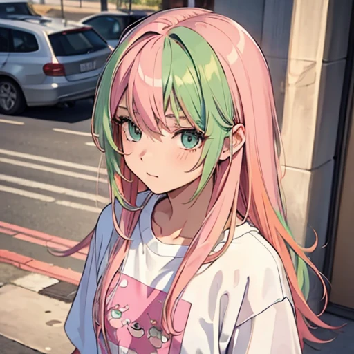  Young ,  long multicolored hair ,  green hair, Pink hair wearing white t-shirt  ,  Sweatshirt looking at the spectator (  best quality , detailed, realistic)