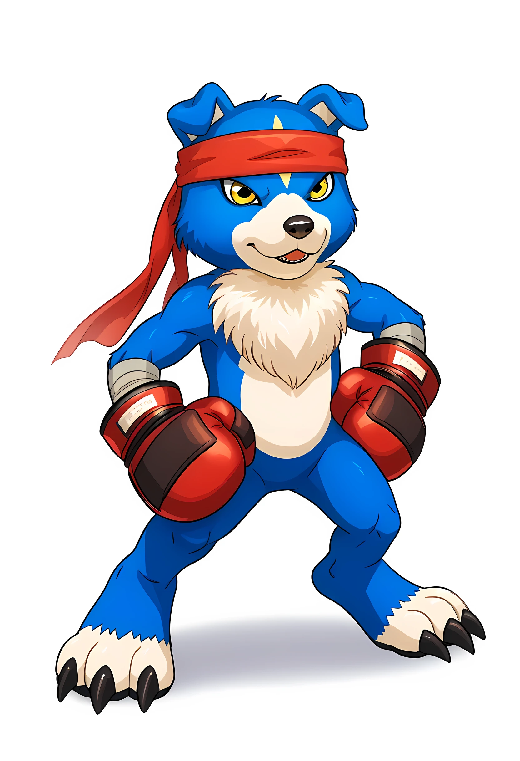 source_anime, cartoon, gaomon (character), digimon (creature), dog boy, blue body, headband, yellow eyes, boxing gloves, white background, detailed, (cel shaded, flat colors):1.5, full body, by wfa, by negger, confident, strong posture, wide stance, hands on hips