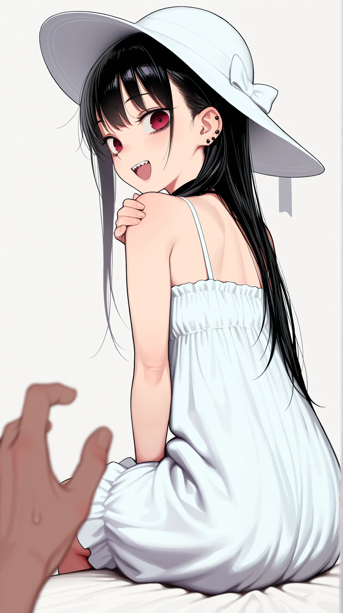 (score_9, score_8_up, score_7_up), 1girl, VirtuosaBase, cute, (chibi:0.7), black hair, blunt bangs, long hair, broken halo, energy wings, black eyes, mole under right eye, small breasts, virgin killer sweater, detached sleeves, gray sweater, single hand victory pose, hand on hip, leaning forward, looking at viewer, upper body, zoom out, white background,nude ,pussy , open legs , huge ass , breasts , 
sex , sex from behind , sex , aheago , rolling eyes , sweat , tongue out , blush 