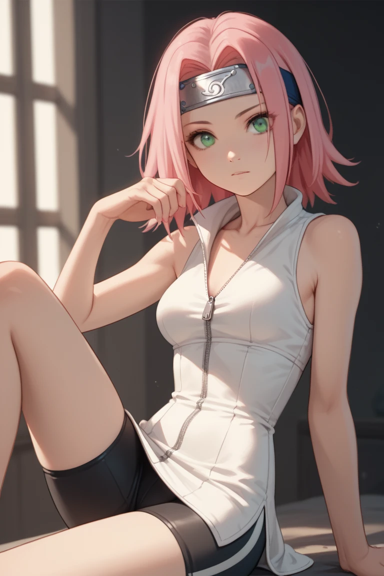 (side angle), sitting, slender tiny waist. sexy body, sexy figure, sexy, tiny waist, desireable, tempting, lust, sakura haruno, medium hair, green eyes, pink hair, parted bangs, bike shorts, bare shoulders, collarbone, sleeveless, sleeveless dress, zipper, zipper pull tab, forehead protector, medium breasts, slender body, slim, tiny waist.  tiny waist.