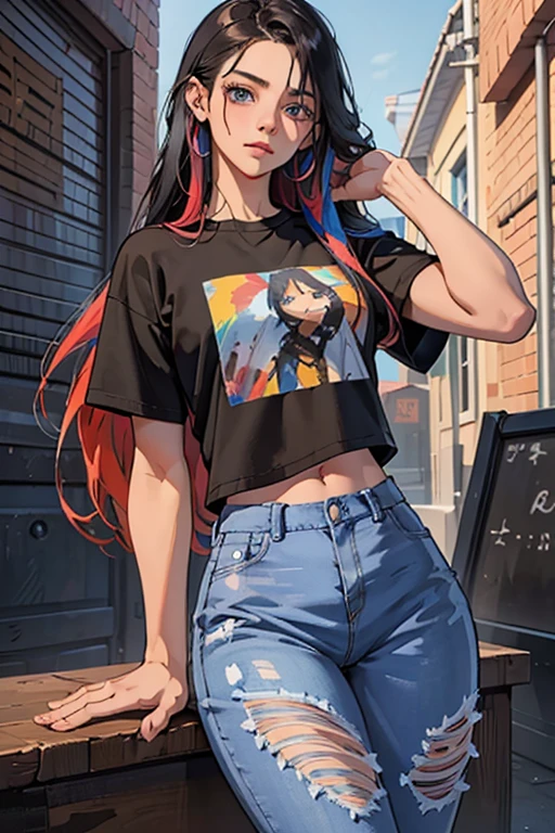 A pretty girl, 20 year old, black t-shirt, long hair, casual style jeans, detailed face, beautiful eyes, cute expression, natural lighting, photorealistic, highly detailed, digital painting, concept art, vibrant colors, warm color palette, cinematic composition