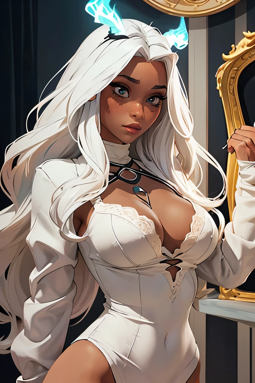  The character portrayed has a striking and unique appearance .  She has long, wavy white hair ,  that contrasts with darker skin . With horns that come out of her head ,  it suggests a possible influence of supernatural or mythological themes .

 Her facial expression is vibrant ,  transmitting an energy of emotion and freedom ,  as if she were stretching or freeing herself .  The upper part of the body is partially covered by a wide white sweater,  while the lower part shows black lingerie ,  evidencing a confident and daring posture . Furthermore,  there is a mandala detail in the hip area ,  that adds an artistic element to your presentation .

The background of the image is in neutral tones,  what helps highlight the character and her features .  The art style is modern and expressive ,  with a color palette that highlights her beauty and the visual impact of the scene .