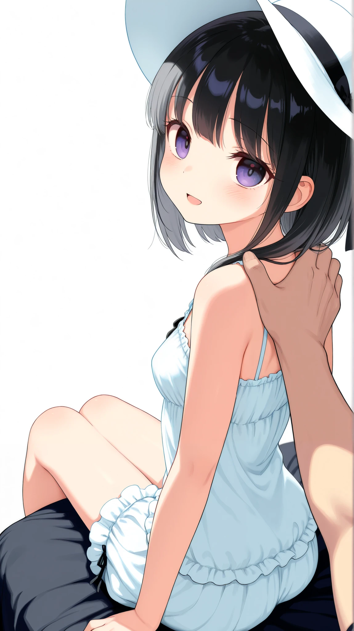 Anime girl in a white hat sitting on the ground - SeaArt AI