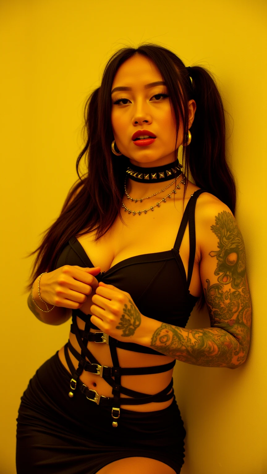 arafed woman with tattoos on her arms and chest posing for a picture, with tattoos, full body picture, she is wearing a black tank top, profile image, inked, wearing a low cut tanktop, the extremely hot and sexy, 18 years old, middle body shot, very very low quality picture, looking from side, 2 4 year old female model