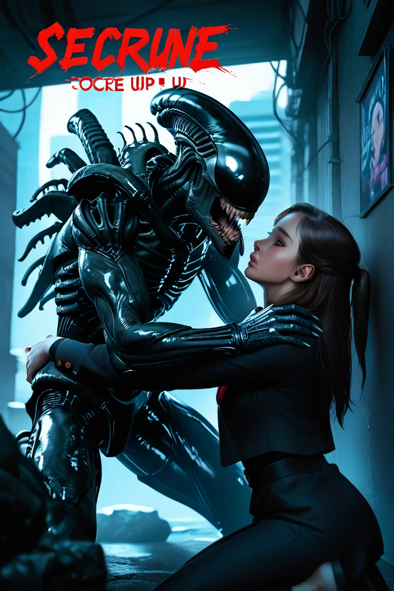 Anime Comic poster Cyberpunk Poster Xenomorph-Cyborg Female Hug with Predator-Cyborg Filigree 4K UHD