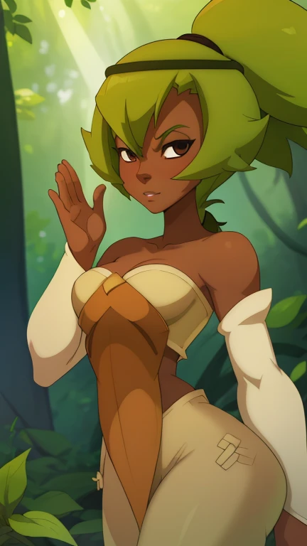 ((ultra quality)), ((masterpiece)), Amalia Sheran Sharm, Wakfu style, ((medium long green hair tied in a ponytail, has bangs)), (Beautiful face), (beautiful female lips), (), charming, ((sexy facial expression)), looks at the camera, eyes slightly open, (skin color white), (White skin), glare on the body, ((detailed beautiful female eyes)), ((dark brown eyes)), (juicy female lips), (dark eyeliner), (beautiful female hands), ((ideal female figure)), ideal female body, beautiful waist, gorgeous thighs, beautiful medium breasts, ((subtle and beautiful)), sexy worth (), (green clothes Amalia Sheran Sharm - wakfu season 3, White pants, long white gloves with open palms, Yellow top) background: the forest, ((depth of field)), ((high quality clear image)), (clear details), ((high detail)), realistically, professional photo session, ((Clear Focus)), anime