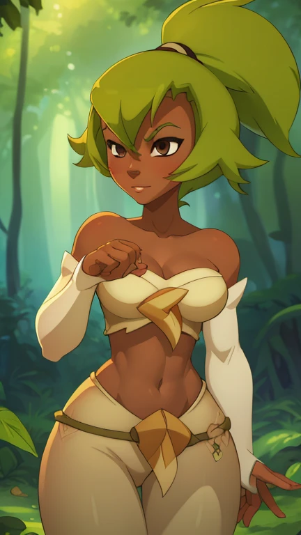 ((ultra quality)), ((masterpiece)), Amalia Sheran Sharm, Wakfu style, ((medium long green hair tied in a ponytail, has bangs)), (Beautiful face), (beautiful female lips), (), charming, ((sexy facial expression)), looks at the camera, eyes slightly open, (skin color white), (White skin), glare on the body, ((detailed beautiful female eyes)), ((dark brown eyes)), (juicy female lips), (dark eyeliner), (beautiful female hands), ((ideal female figure)), ideal female body, beautiful waist, gorgeous thighs, beautiful medium breasts, ((subtle and beautiful)), sexy worth (), (green clothes Amalia Sheran Sharm - wakfu season 3, White pants, long white gloves with open palms, Yellow top) background: the forest, ((depth of field)), ((high quality clear image)), (clear details), ((high detail)), realistically, professional photo session, ((Clear Focus)), anime