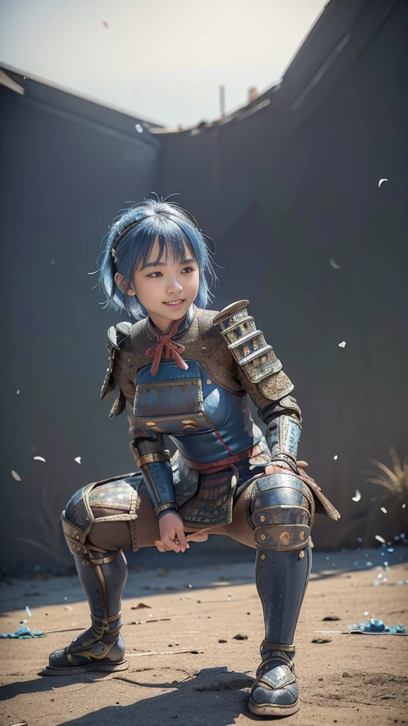  A young Japanese woman , warrior, Combat Stance, wielding a sword,  very detailedな, realisti,smile, ((  Looking at the Subject from Below :1.2)), ((Crouching and standing up,  feet :1.3)),  Brilliant Appearance , ,Creative Action,  extremely detailed, Imaginative,  sensual, spontaneous ,  top quality ,  skin texture, ((very short hair), (blue hair), blue eyes, 引き締まった体, huge breasts,(big breasts:1.5), Big Breasts,  plump thighs,  blue armor with forgotten grass pattern engraved ,blue leather samurai armor knight, bikini type design that emphasizes chest exposure ,((sideboob)),  wear a blue cloak with a don't forget grass flower pattern , ruffled skirt,  b blue shin guard engraved with forget grass pattern , Black high-leg underwear , White tights,  absolute domain,  Intricate Details , ((Blue sky and sunrise )), ((big forget-me-no petals background:1.6)), ((big forget-me-no petals:1.6)), ((big forget-me-no petals dancing in the wind:1.6)),( forget grass in full bloom ),( large forgotten grass in full bloom on the front), (confetti),  RAW photos , 8k, masterpiece,  top quality , Ultra Details, very detailed,  Intricate Details , high definition ,超 Intricate Details, very detailed 8k cg wallpaper,