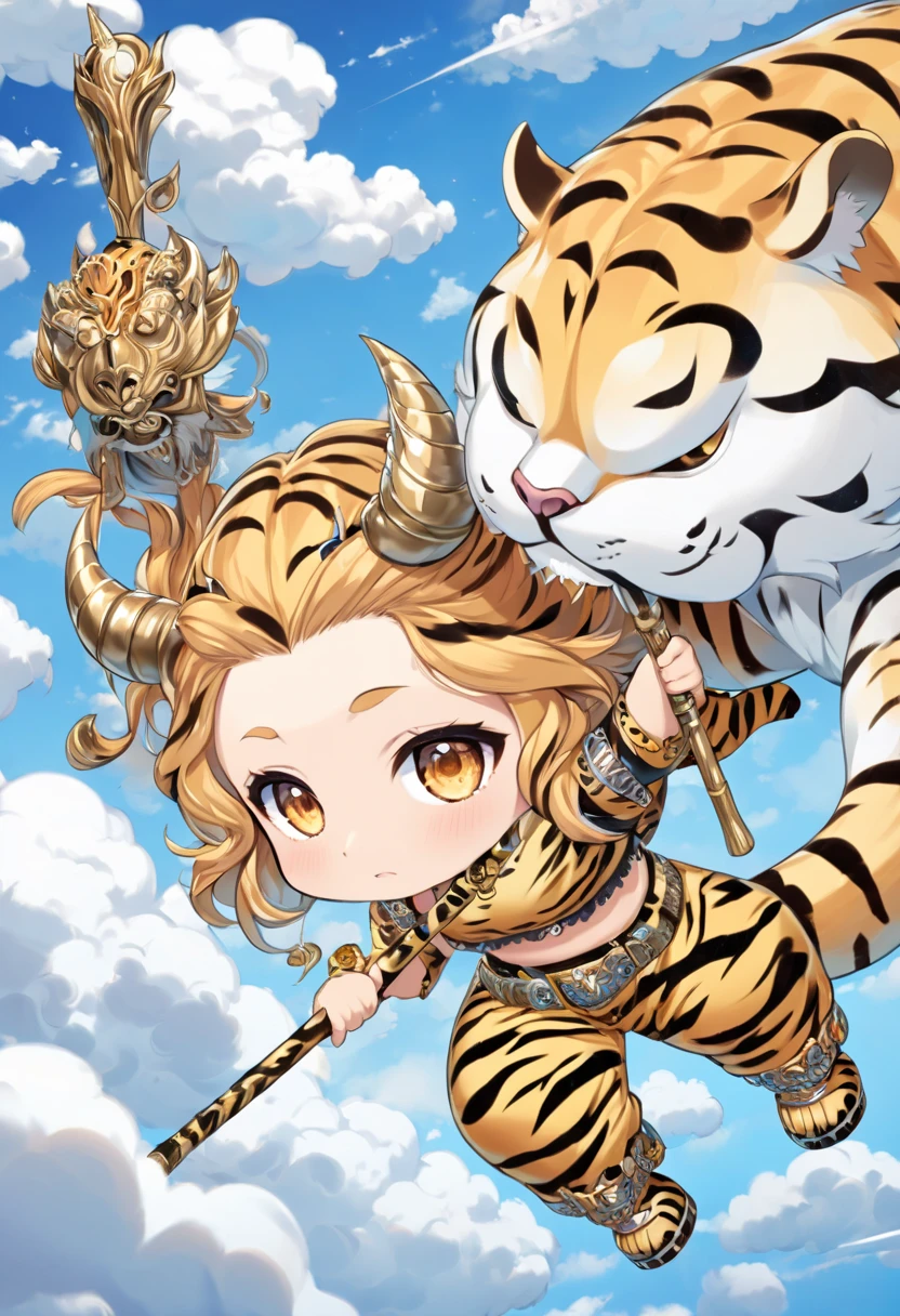 Chibi, girl of thunder hiding on cloud and observing the ground, tiny horns, tiger print crop shirt, tiger print pants, carrying metal club, fluffy clouds, clear blue background, fairy tale fantasy anime illustration art, ultra detailed, absolutely resolution, masterpiece