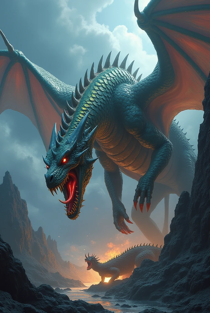 This is a digital image of a dragon with its mouth wide open, sharp teeth and sharp claws and wings.   A dragon is flying over a rocky surface with black clouds in the background.   Its body is covered with scales and its tail is wrapped around its body.   His eyes were red and his mouth was wide open, like a roar or a roar.   The general feeling of the image is fierce and powerful.