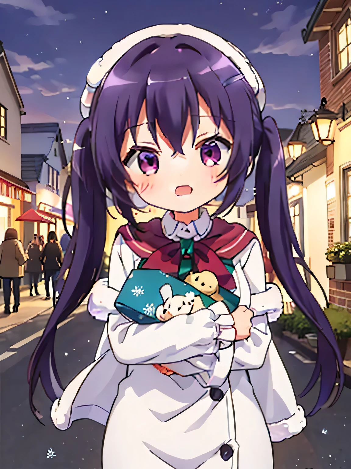 She is dressed in a classic Santa Claus outfit, with a red and white coat, a matching skirt, and black boots, perfectly tailored to her small frame. On her back, she carries a large, white sack filled with presents, the soft fabric of the bag hinting at its generous contents. The The background is a street corner illuminated with Christmas decorations, with the sky transitioning from a warm orange of sunset to the cool blue of night. Snowflakes gently fall, adding to the tranquil winter atmosphere. The girl’s bright and cheerful expression contrasts beautifully with the peaceful surroundings, evoking a sense of warmth and festive joy. (((( ultra illustration style:1.0)))), top quality , Best Anime ,masterpiece,, Ray Tracing , Twin Tails , open mouse ,smile, hair accessories , hair clip.