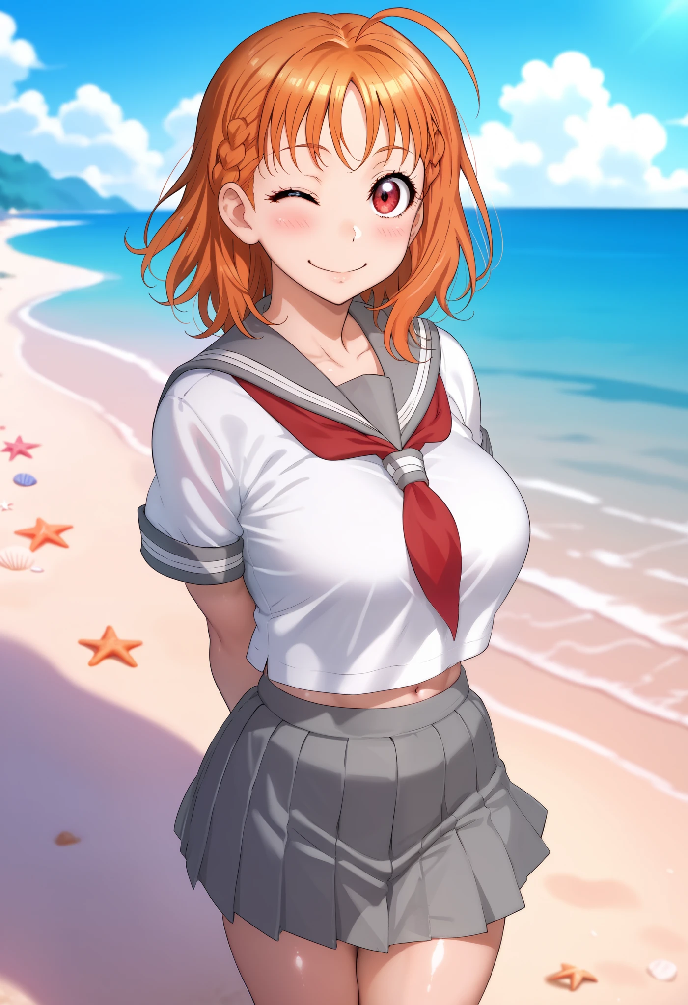 1girl, takami chika, medium hair, orange hair, standing, sporty athletic build, sharp lines, vibrant colors, big breasts, breasts outlines, RUKIA Style, shiny skin, ahoge, blush, braid, grey sailor collar, grey skirt, looking at viewer, miniskirt, pleated skirt, red eyes, red neckerchief, sailor collar, serafuku, shirt, short sleeves, side braid, smile, solo, split mouth, summer uniform, uranohoshi school uniform, white shirt, yellow bow, standing on beach, playful pose, ish pose, light breeze, flowing hair, flowing clothes, beach setting,arms behind back,one eye closed, midriff, top fittings on breasts