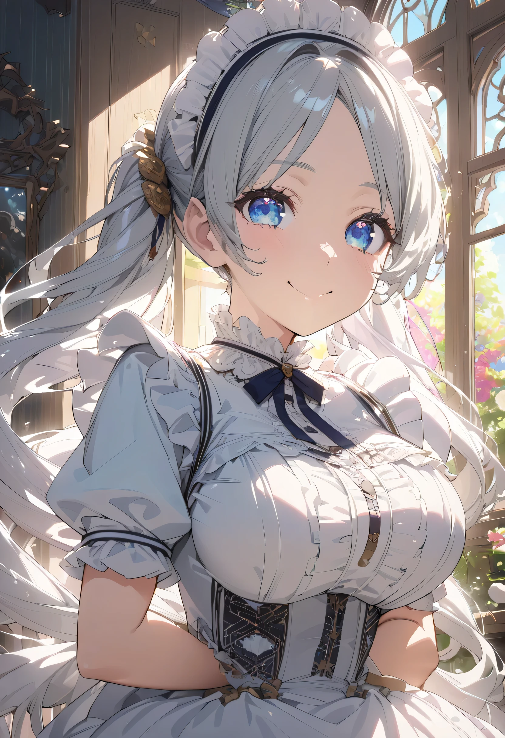 ((moe anime character)),  ((ultra-detailed)), (highly detailed CG illustration), (best quality:1.2),  ultra-,highly detailed,colorful composition,artistic photoshoot, 1girl, solo focus, cute maid girl, dainty facial structure, (baby face), (rounded chin), wearing oval glasses with a lightweight metal frame, anime 'spirit chronicles' seria Claire, wearing a frilly maid outfit,  (silver hair color:1.3), twintail hair, blue droopy eyes, pink cheek, maid uniform and maid headdress,  Look at the viewer as if you were looking at someone you love, cowboy shot, standing by the window in a room decorated in rococo style, Portrait,depth of field, soft lighting, sidelighting, (shine), lighting, ray tracing, smile, perfect face, lustrous skin,  highly detailed face, highly detailed eyes , perfect face, perfect nose, perfect hair, perfect eyes, beautiful hair, beautiful small face, extremely detailed face, beautiful detailed eyes, beautiful clavicle, beautiful body, beautiful huge breasts, leavage, breasts squeezed together, equalize the size of the left and right breasts, beautiful thigh, beautiful legs, beautiful fingers, lovely, (very detailed background:1.0),(highly detailed background:1.0),spring aesthetic, intricate details, joyful atmosphere, spring colors palette, chromatic aberration