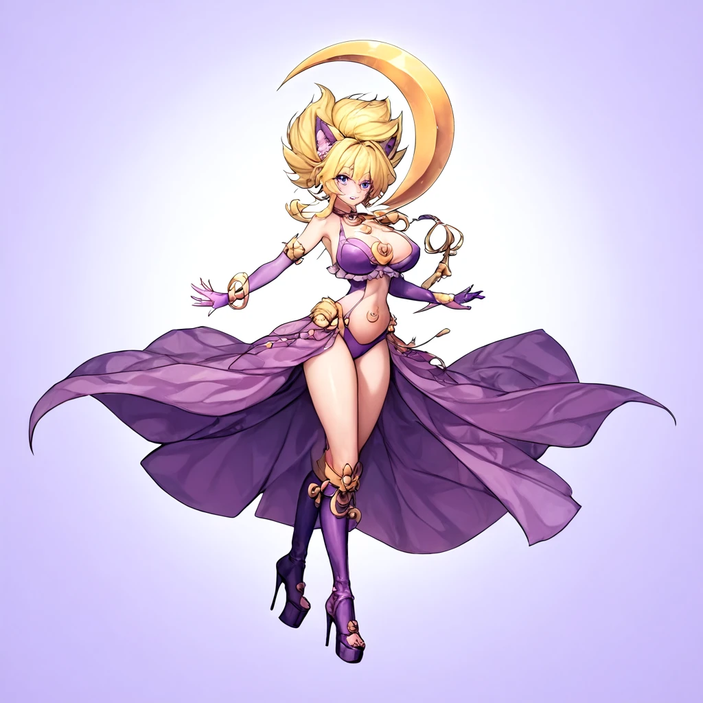 （Peacock Dance）、（  perfect body ）、（Perfect Arms）、（  large breasts sticking out of clothes 1.3）、（ Accented chest  ）、   1 girl,  Blonde, ,    hair accessories  ,    revealing clothes,   Dancer Costume ,  ,  purple enamel gloves  ,   elbow gloves  ,  Crescent Moon Decor   ,  purple enamel leotards  、  center open  、  showgirl skirt、  purple thigh length boots 、  platform boots 、 platform heels 、（  prickly collar ）、 animal ears 、Dance Stage、 spotlight with two curved swords、Sexy Dance