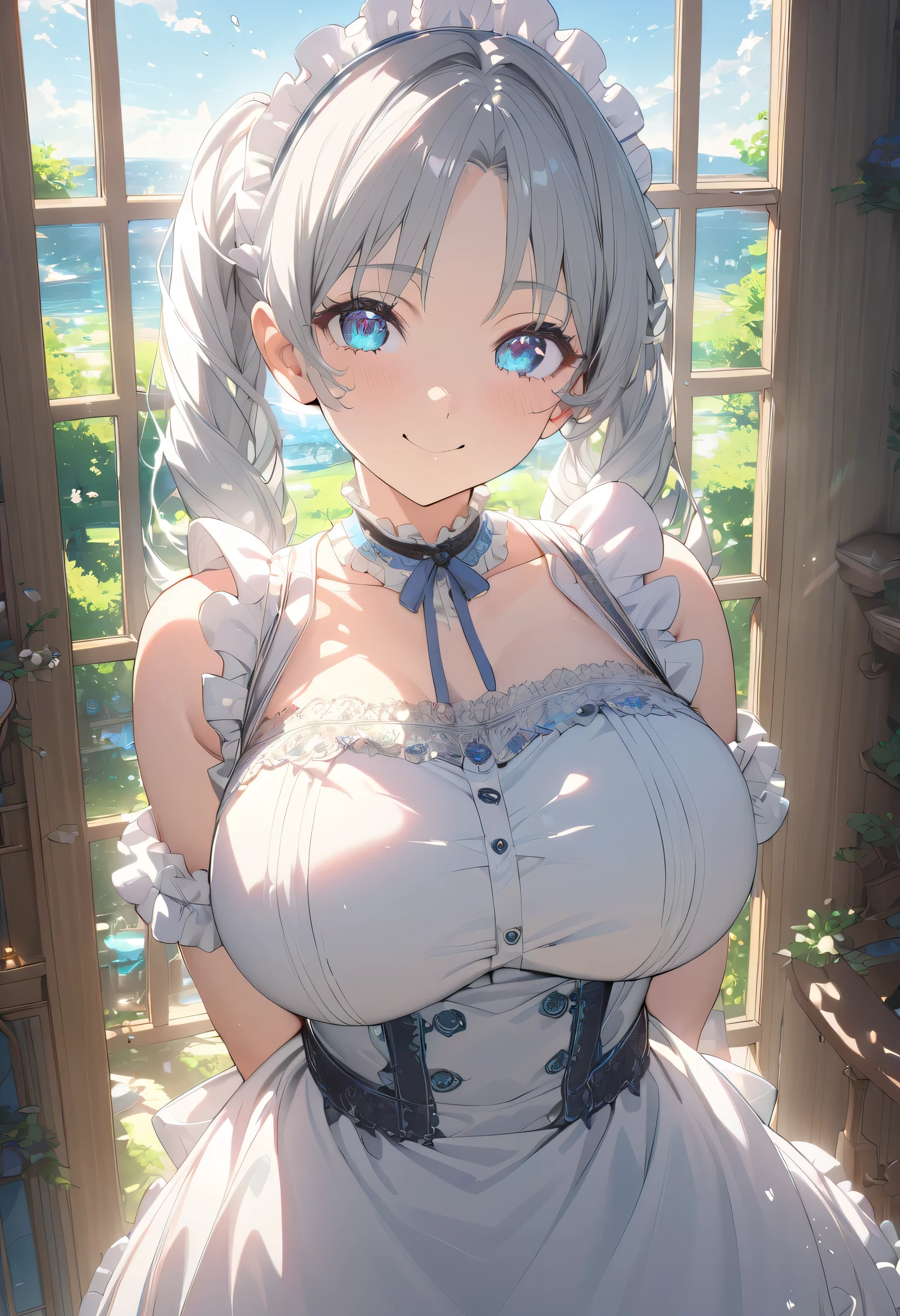 ((moe anime character)),  ((ultra-detailed)), (highly detailed CG illustration), (best quality:1.2),  ultra-,highly detailed,colorful composition,artistic photoshoot, 1girl, solo focus, cute maid girl, dainty facial structure, (baby face), (rounded chin), wearing oval glasses with a lightweight metal frame, anime 'spirit chronicles' seria Claire, wearing a frilly maid outfit,  (silver hair color:1.3), twintail hair, blue droopy eyes, pink cheek, maid uniform and maid headdress,  Look at the viewer as if you were looking at someone you love, cowboy shot, standing by the window in a room decorated in rococo style, Portrait,depth of field, soft lighting, sidelighting, (shine), lighting, ray tracing, smile, perfect face, lustrous skin,  highly detailed face, highly detailed eyes , perfect face, perfect nose, perfect hair, perfect eyes, beautiful hair, beautiful small face, extremely detailed face, beautiful detailed eyes, beautiful clavicle, beautiful body, beautiful huge breasts, leavage, breasts squeezed together, equalize the size of the left and right breasts, beautiful thigh, beautiful legs, beautiful fingers, lovely, (very detailed background:1.0),(highly detailed background:1.0),spring aesthetic, intricate details, joyful atmosphere, spring colors palette, chromatic aberration