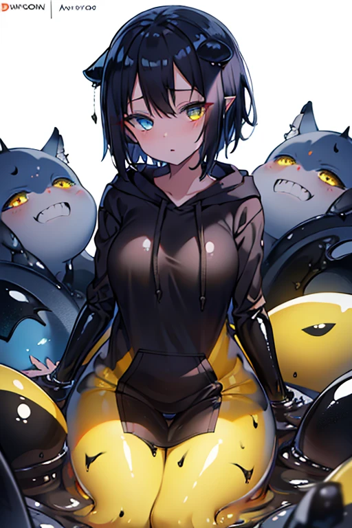  high resolution ,  masterpiece, sharpest image,Solo, 1 Monster Girl,Black Slime ,Short hair,Big round eyes, heterochromia, yellow eyes, blue eyes, black-eyed widow , small breasts, white hoodie , Anime Style Work 