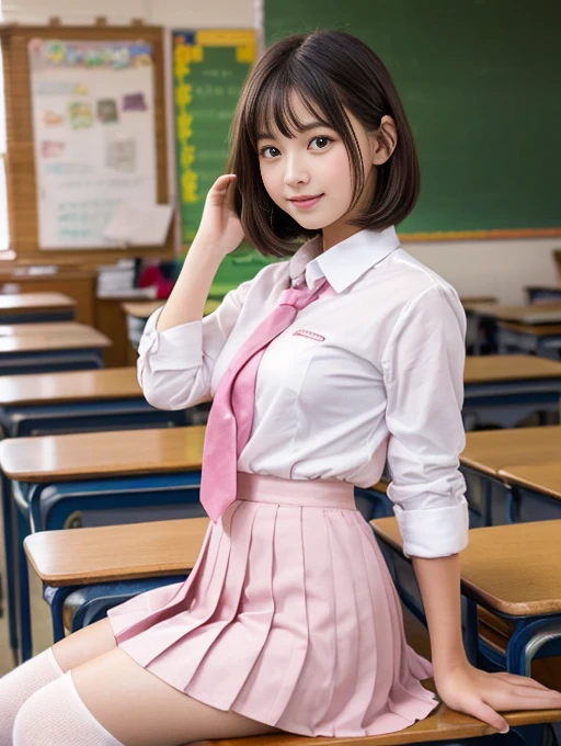 8K, Best Quality, real picture, Intricate details, Ultra-detailed, 超A high resolution, Depth Field,(Photorealistic,Realistic:1.2),masutepiece, 0.25 :: close-up , straight-on shot , from miiddle ,
1girl in, AI_chan, full body Esbian、an extremely beautiful 17-year-old girl, Innocent big eyes, (brown_Short_hair), (Green_Eyes:1.0),(Bangs),disheveled hair,(hair clips), perfect glossy skin, flawless skin, Fair skin, Huge breasts, cleavage, Narrow waist, Light blush, Solo, Looking at Viewer, lightsmile,
chubby under the clothes, Sweat,
Wearing ((School_uniform), (white_Skirt),(Blue_long_tie), (Blue_pleats_Skirt), (Black_pantyhose) :1.2),
(Gravure Pose :1.1),(Unbutton all buttons on the shirt and open the chest.:1.6)、(Show off your pink bra:1.4)、
Sunset ,
High School in Japan ,(Inside the classroom、Sit in a chair:1.5)、(Get down on one knee:1.6)、(Skirt twisted、Show your crotch:1.5)