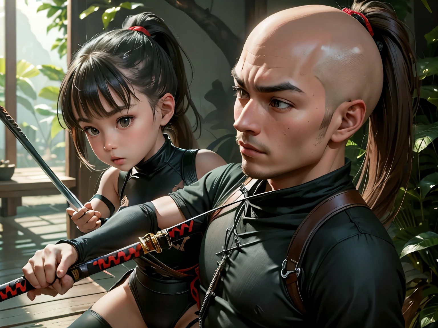 Image of a ponytail girl and a year-old bald babyboy, (realistic, detailed, masterpiece), holding ninja sword, battle pose, transparan ninja suit, jungle background