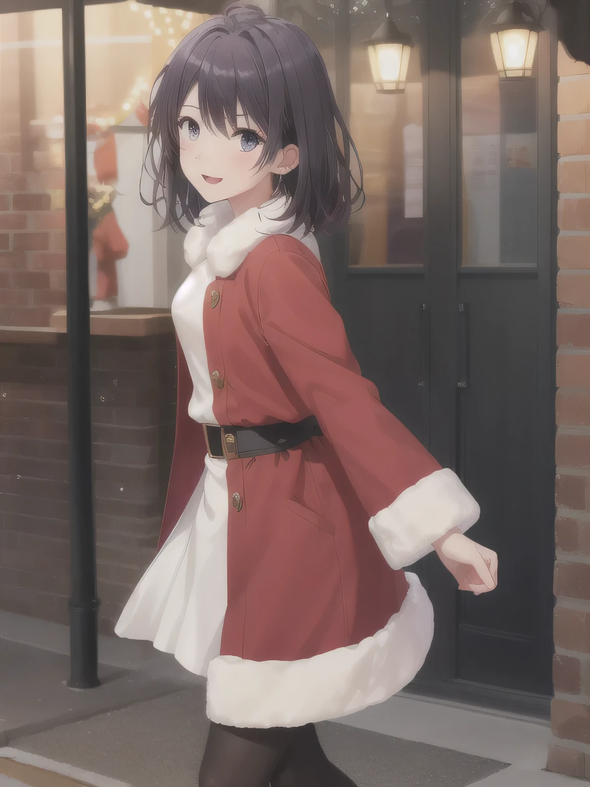 She is dressed in a classic Santa Claus outfit, with a red and white coat, a matching skirt, and black boots, perfectly tailored to her small frame. On her back, she carries a large, white sack filled with presents, the soft fabric of the bag hinting at its generous contents. The The background is a street corner illuminated with Christmas decorations, with the sky transitioning from a warm orange of sunset to the cool blue of night. Snowflakes gently fall, adding to the tranquil winter atmosphere. The girl’s bright and cheerful expression contrasts beautifully with the peaceful surroundings, evoking a sense of warmth and festive joy. ((masterpiece)),( top quality ), Official Art ,extremely delicate and beautiful, very detailed CG,unity 8k 壁紙, super detailed , beautiful detailed eyes, extremely detailed face,( yag:1.5),smile, black hair, medium hair, gradient purple hair ,Diagonal bangs, Grey Eyes ,medium breasts, black pantyhose, high heels.