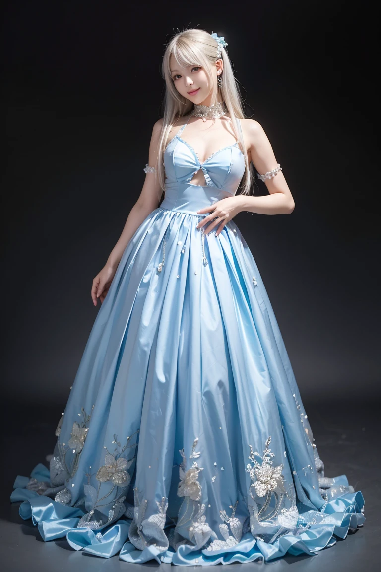  wearing a blue dress with a long skirt,  Full dress,  fantasy dress,  Elegant and Attractive Cosplay , Japanese model wearing fantasy style formal attire ,   white hair cut hairstyle ,  looking at camera、Detailed and beautiful eyes、 cute smile、 soft and gentle expression 