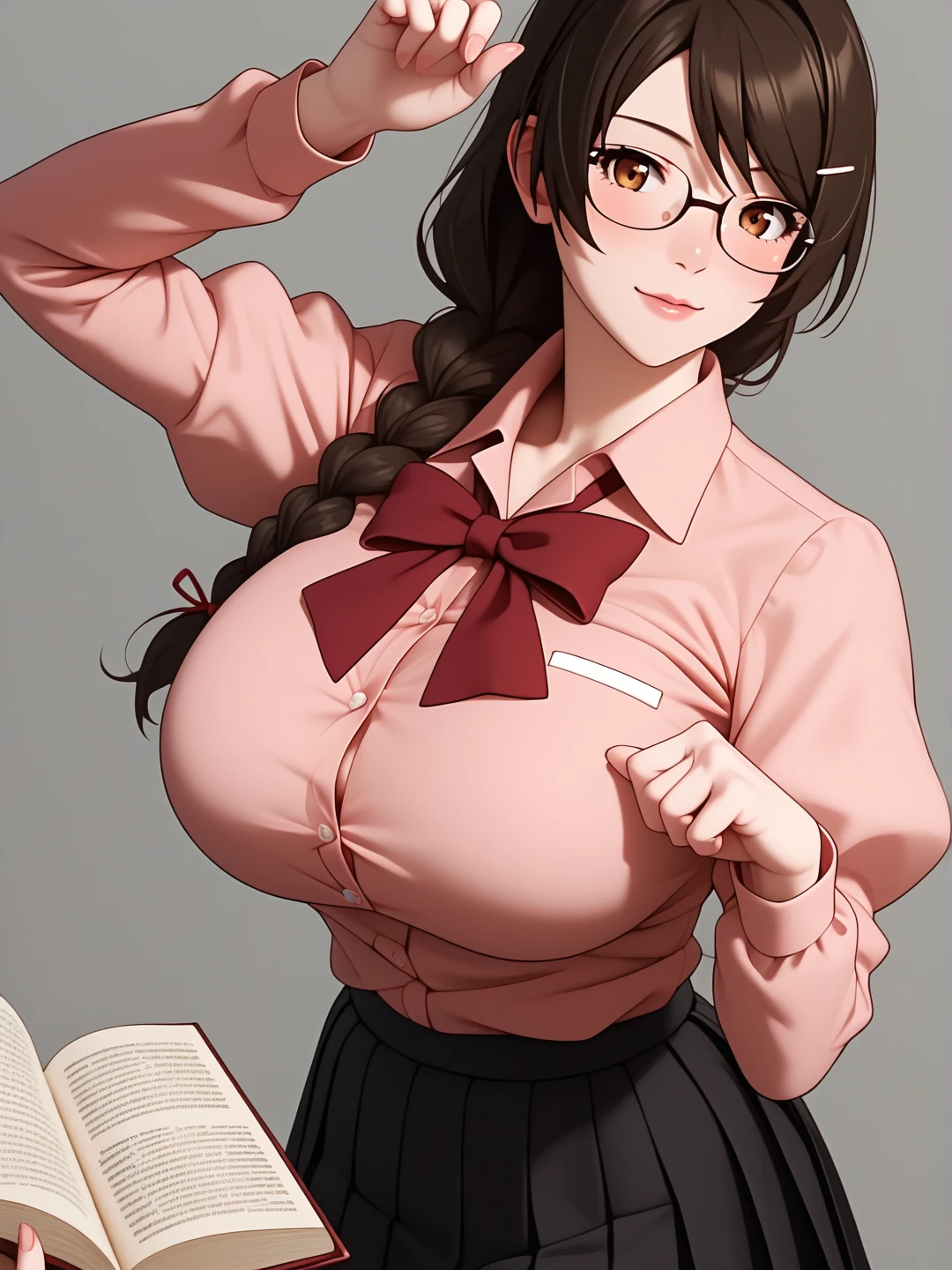  score_9,  score_8_up,  score_7_up,  score_6_up,   source_Anime, Anime_  STILLET STYLE ,   rating  _i doubt it, quality_  masterpiece  , Accurate_anatomy, Front Angle View ,  1 girl in uniform, Hanekawa, Big Breasts, ribbon, moreover _expensive_School_uniform, School uniform,   Long Sleeve  , puffy   Long Sleeve  ,   pink shirt ,   black skirt ,   Juliet skirt holding a book on her chest,   pleated skirt, clavicle,  I have glasses ,  holding a book on her chest ,   standing with different breasts ,   cute pose ,  plain background 