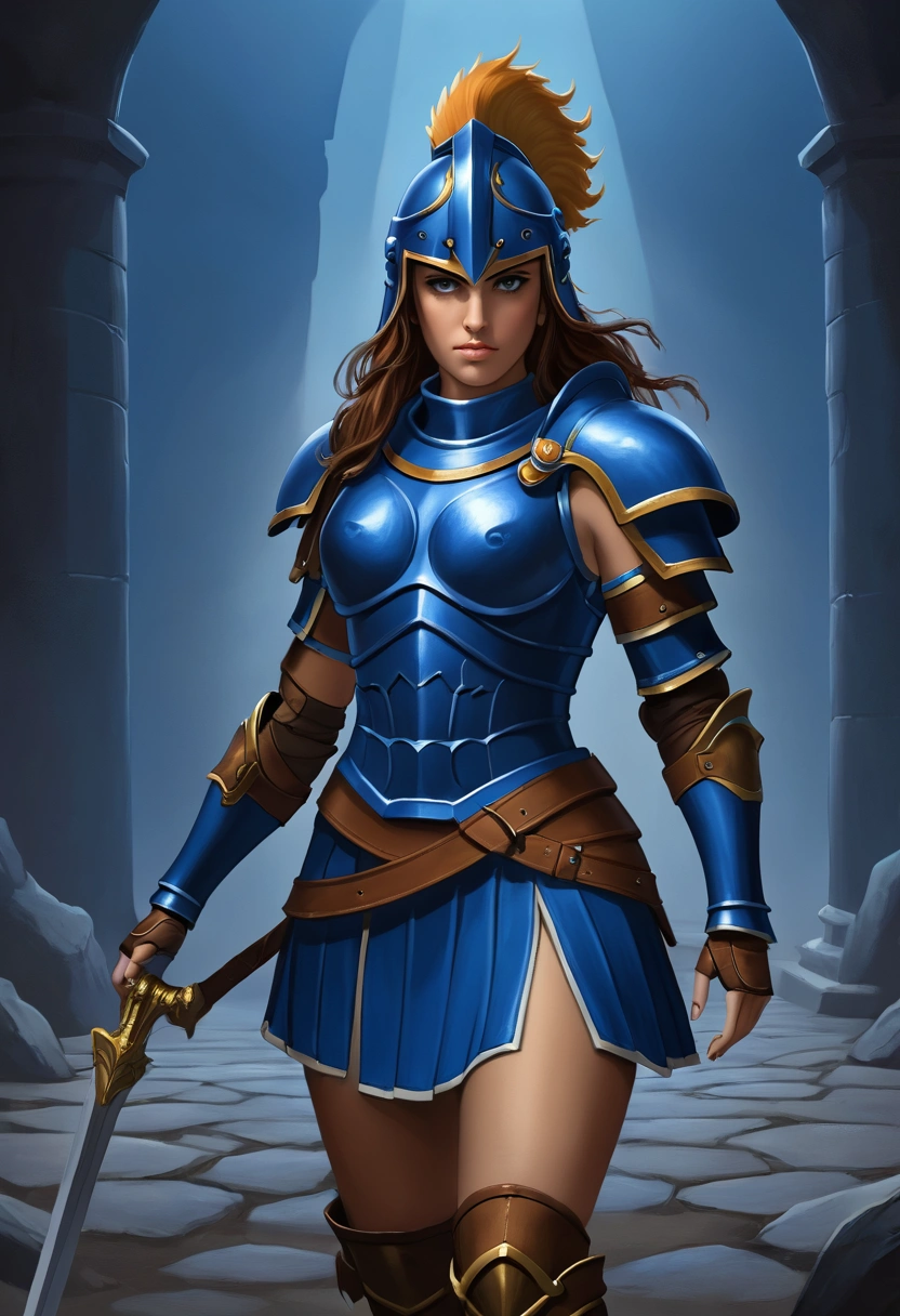 A Greek goddess in robust blue armor wears a short brown leather skirt, armor boots, armor shoulder gauntlet, her ares style helmet with mane, she is in the underworld