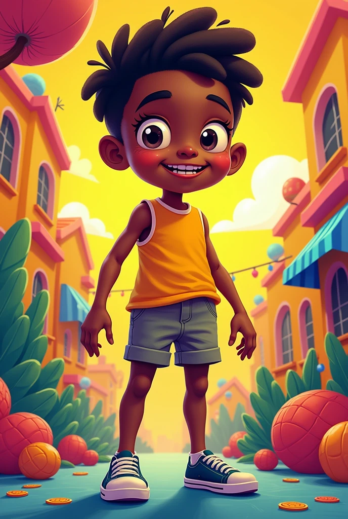 Black-skinned child with flash outfit running around town