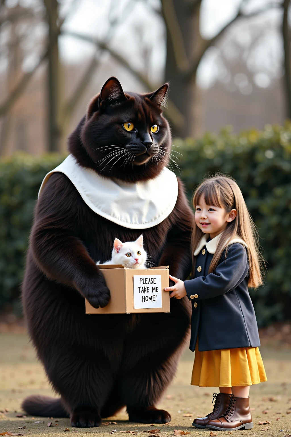 ultra-realistic, photorealistic, dramatic scene, shadow, global-illumination, (the human-like very large black cat wearing a white smock is standing holding a cardboard box in a park), (A white kitten is hiding in a cardboard box and its face peeking out), (The human-like black cat is wearing a white smock), (the very cute blonde haired Japanese kindergartener girl wearing a dark navy colored elegant coat with ivory wide collar with yellow skirt is standing with the black cat), the girl with long hair down, the girl look so happy, plants, trees, hedge, peaceful sunny winter day, A white piece of paper with "PLEASE TAKE ME HOME!" written on it is attached to a cardboard box