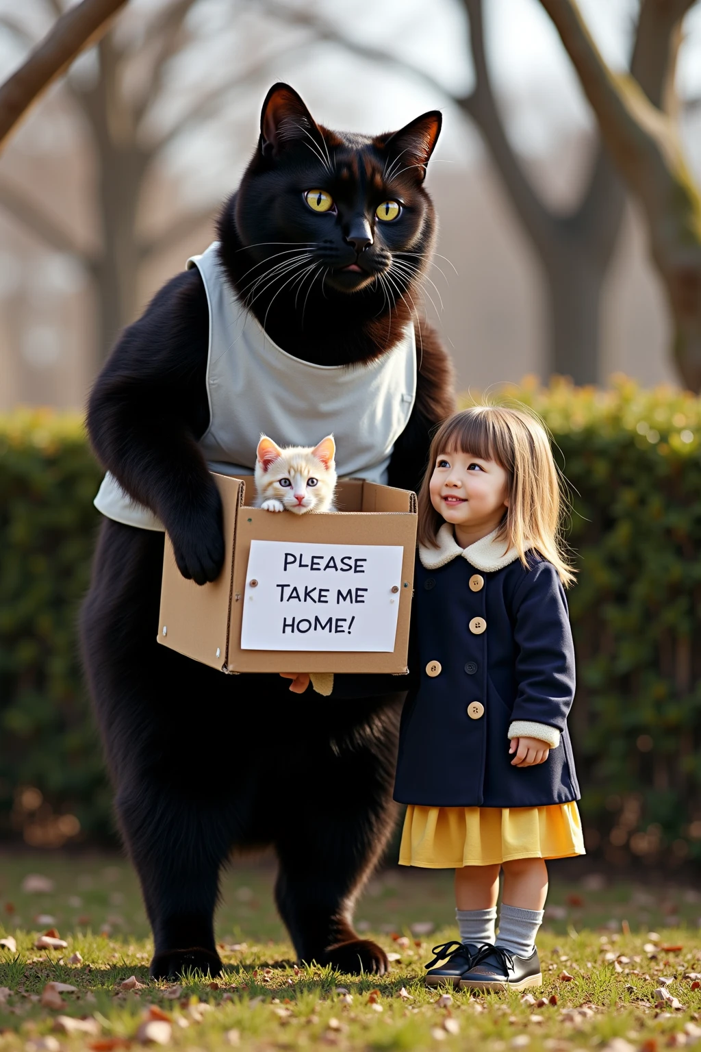 ultra-realistic, photorealistic, dramatic scene, shadow, global-illumination, (the human-like very large black cat wearing a white smock is standing holding a cardboard box in a park), (A white kitten is hiding in a cardboard box and its face peeking out), (The human-like black cat is wearing a white smock), (the very cute blonde haired Japanese kindergartener girl wearing a dark navy colored elegant coat with ivory wide collar with yellow skirt is standing with the black cat), the girl with long hair down, the girl look so happy, plants, trees, hedge, peaceful sunny winter day, A white piece of paper with "PLEASE TAKE ME HOME!" written on it is attached to a cardboard box