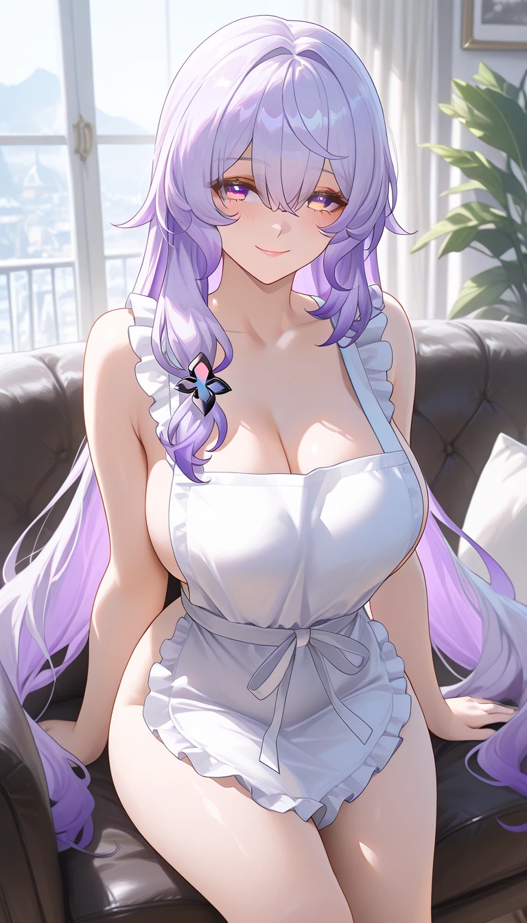 ultra-detailed,(best quality),((masterpiece)),(highres),original,extremely, 1girl, black swan,honkai star rail,beautiful lady, milf, beautiful woman, beautiful body, mature,sexy, mother, looking at viewer, yellow eyes, purple hair, large breasts, blush,closed mouth,kind smile, happy, multicolored hair, long hair, naked apron , living room,on the sofa ,bere naval,