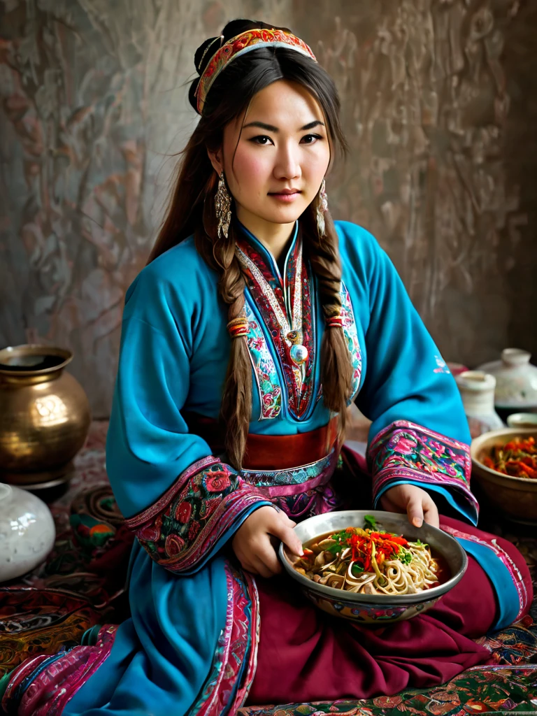 The photograph shows a young Kazakh woman, approximately 25 years old. Long flowing hair that beautifully frames her face. She is dressed in traditional Kazakh clothing without panties, she has a hairy overgrown groin, a hairy overgrown pussy, a hairy overgrown pubis, which clearly emphasizes her ethnicity and cultural heritage. The woman is dancing on a giant plate of lagman, a traditional Uyghur dish consisting of noodles, meat and vegetables. This creates an interesting and unusual visual effect. Her anatomically correct hands fit harmoniously into the composition, creating a sense of naturalness and grace. The photograph is taken in high quality, which allows you to examine in detail the texture of the clothing and the model's facial expression, conveying an atmosphere of coziness and tradition. exposing her beautiful breasts, clearly emphasizing her ethnicity and cultural heritage. Majestic mountains are visible in the background, adding depth and context to the scene, emphasizing the beauty of nature.