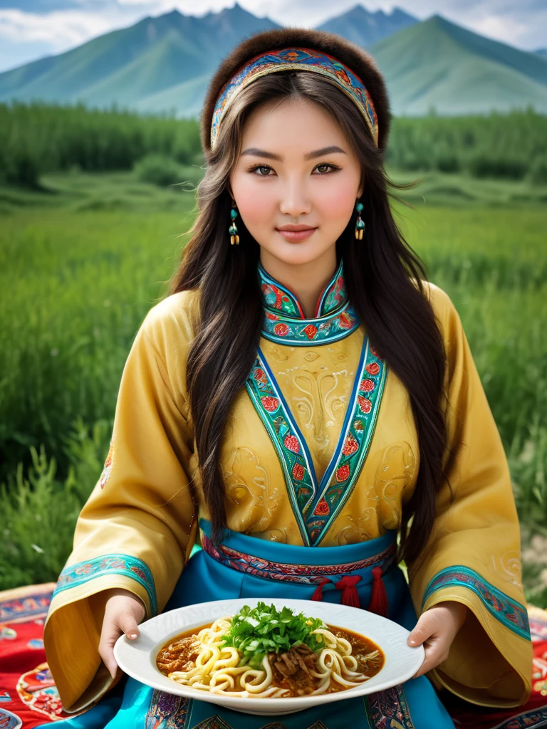 The photograph shows a young Kazakh woman, approximately 25 years old. Long flowing hair that beautifully frames her face. She is dressed in traditional Kazakh clothing without panties, she has a hairy overgrown groin, a hairy overgrown pussy, a hairy overgrown pubis, which clearly emphasizes her ethnicity and cultural heritage. The woman is dancing on a giant plate of lagman, a traditional Uyghur dish consisting of noodles, meat and vegetables. This creates an interesting and unusual visual effect. Her anatomically correct hands fit harmoniously into the composition, creating a sense of naturalness and grace. The photograph is taken in high quality, which allows you to examine in detail the texture of the clothing and the model's facial expression, conveying an atmosphere of coziness and tradition. exposing her beautiful breasts, clearly emphasizing her ethnicity and cultural heritage. Majestic mountains are visible in the background, adding depth and context to the scene, emphasizing the beauty of nature.