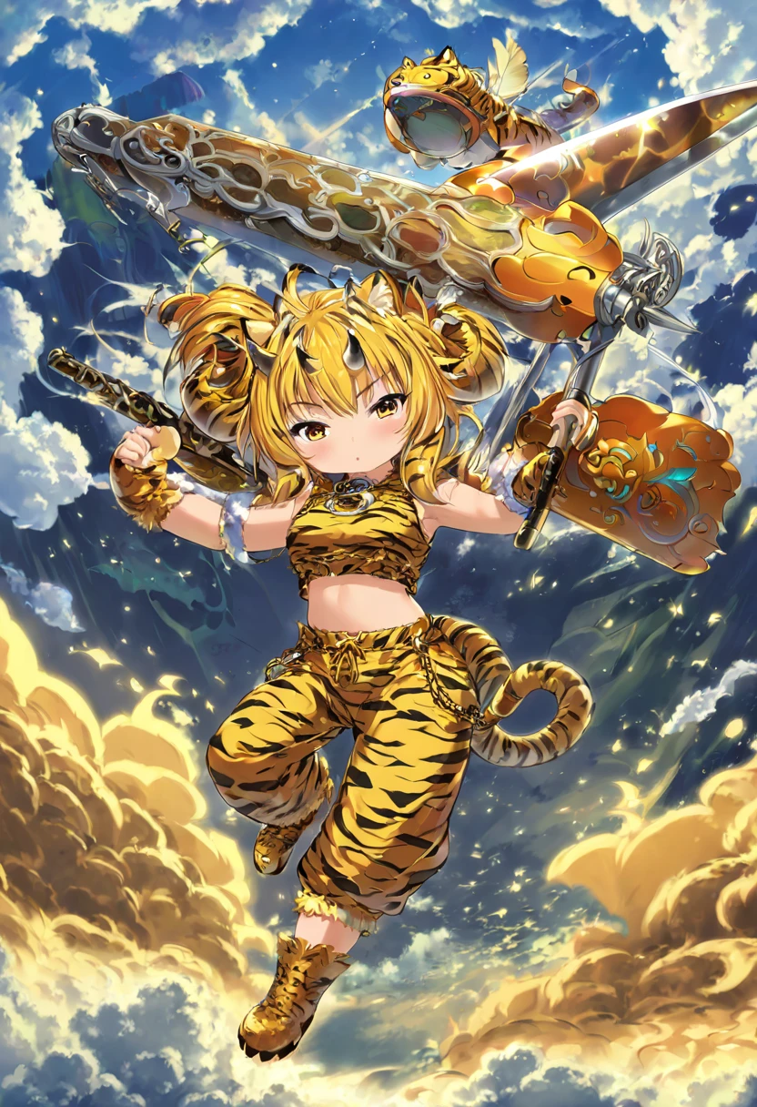 Chibi, girl of thunder hiding on cloud and observing the ground, tiny horns, tiger print crop shirt, tiger print pants, carrying metal club, fluffy clouds, clear blue background, fairy tale fantasy anime illustration art, ultra detailed, absolutely resolution, masterpiece