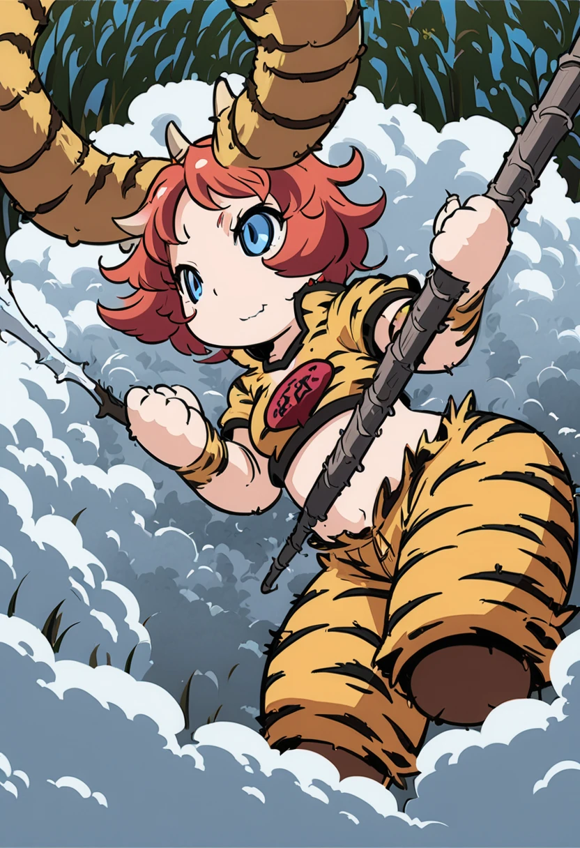 Chibi, girl of thunder hiding on cloud and observing the ground, tiny horns, tiger print crop shirt, tiger print pants, carrying metal club, fluffy clouds, clear blue background, fairy tale fantasy anime illustration art, ultra detailed, absolutely resolution, masterpiece