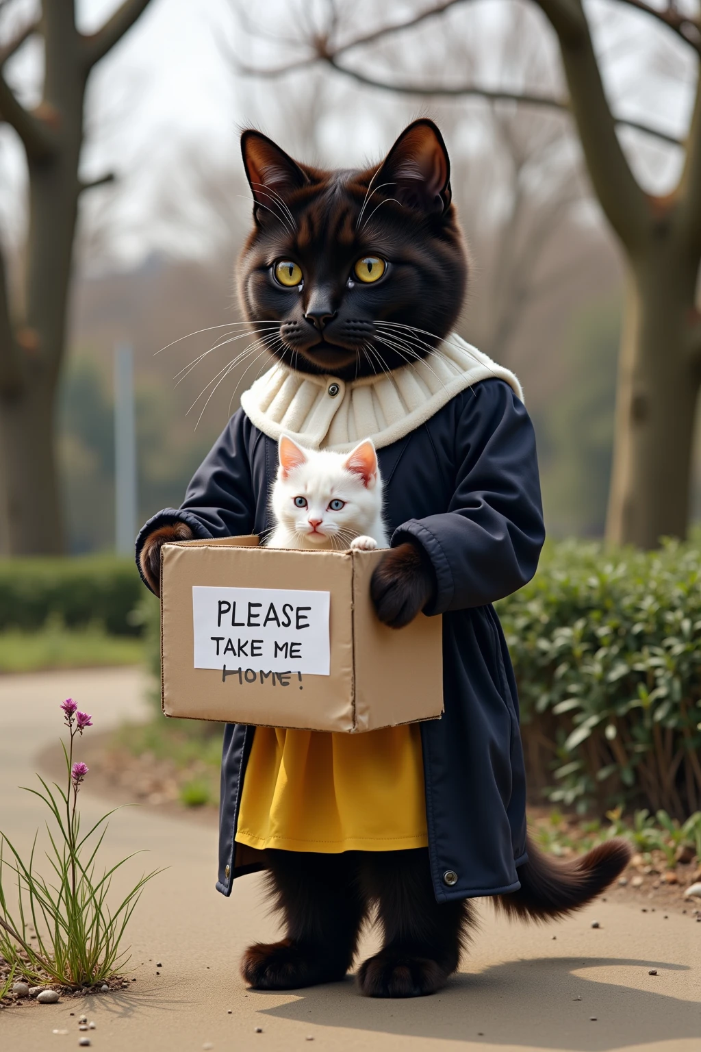 ultra-realistic, photorealistic, dramatic scene, shadow, global-illumination, (the human-like very large black cat wearing a white smock is standing holding a cardboard box in a park), (A white kitten is hiding in a cardboard box and its face peeking out), (The human-like black cat is wearing a white smock), (the very cute blonde haired Japanese kindergartener girl wearing a dark navy colored elegant coat with ivory wide collar with yellow skirt is standing with the black cat), the girl with long hair down, the girl look so happy, plants, trees, hedge, peaceful sunny winter day, A white piece of paper with "PLEASE TAKE ME HOME!" written on it is attached to a cardboard box