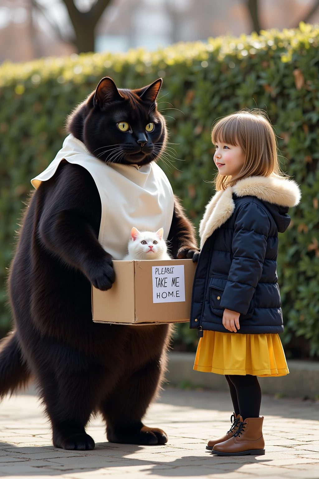 ultra-realistic, photorealistic, dramatic scene, shadow, global-illumination, (the human-like very large black cat wearing a white smock is standing holding a cardboard box in a park), (A white kitten is hiding in a cardboard box and its face peeking out), (The human-like black cat is wearing a white smock), (the very cute blonde haired Japanese kindergartener girl wearing a dark navy colored elegant coat with ivory wide collar with yellow skirt is standing with the black cat), the girl with long hair down, the girl look so happy, plants, trees, hedge, peaceful sunny winter day, A white piece of paper with "PLEASE TAKE ME HOME!" written on it is attached to a cardboard box