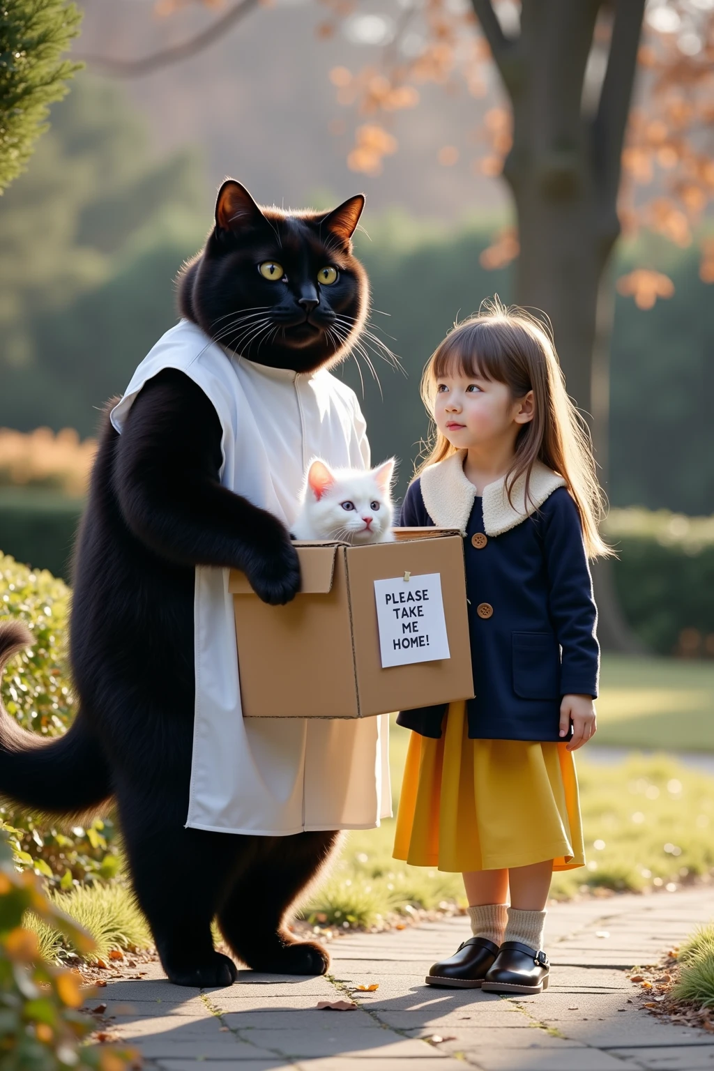 ultra-realistic, photorealistic, dramatic scene, shadow, global-illumination, (the human-like very large black cat wearing a white smock is standing holding a cardboard box in a park), (A white kitten is hiding in a cardboard box and its face peeking out), (The human-like black cat is wearing a white smock), (the very cute blonde haired Japanese kindergartener girl wearing a dark navy colored elegant coat with ivory wide collar with yellow skirt is standing with the black cat), the girl with long hair down, the girl look so happy, plants, trees, hedge, peaceful sunny winter day, A white piece of paper with "PLEASE TAKE ME HOME!" written on it is attached to a cardboard box