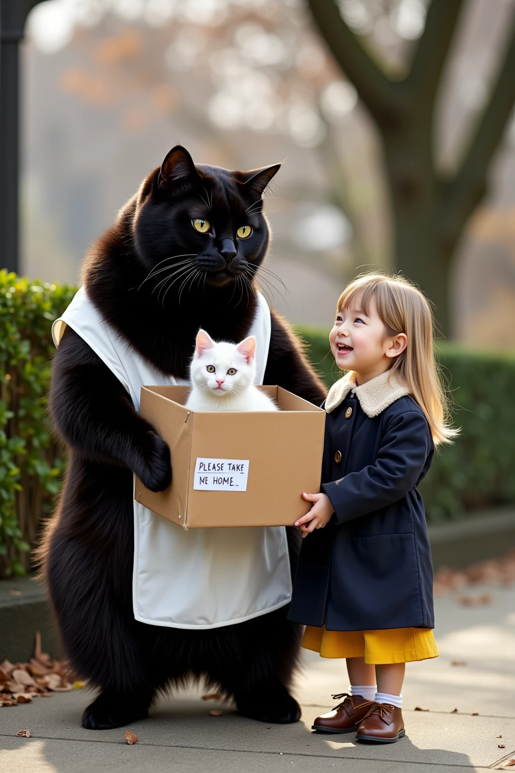 ultra-realistic, photorealistic, dramatic scene, shadow, global-illumination, (the human-like very large black cat wearing a white smock is standing holding a cardboard box in a park), (A white kitten is hiding in a cardboard box and its face peeking out), (The human-like black cat is wearing a white smock), (the very cute blonde haired Japanese kindergartener girl wearing a dark navy colored elegant coat with ivory wide collar with yellow skirt is standing with the black cat), the girl with long hair down, the girl look so happy, plants, trees, hedge, peaceful sunny winter day, A white piece of paper with "PLEASE TAKE ME HOME!" written on it is attached to a cardboard box