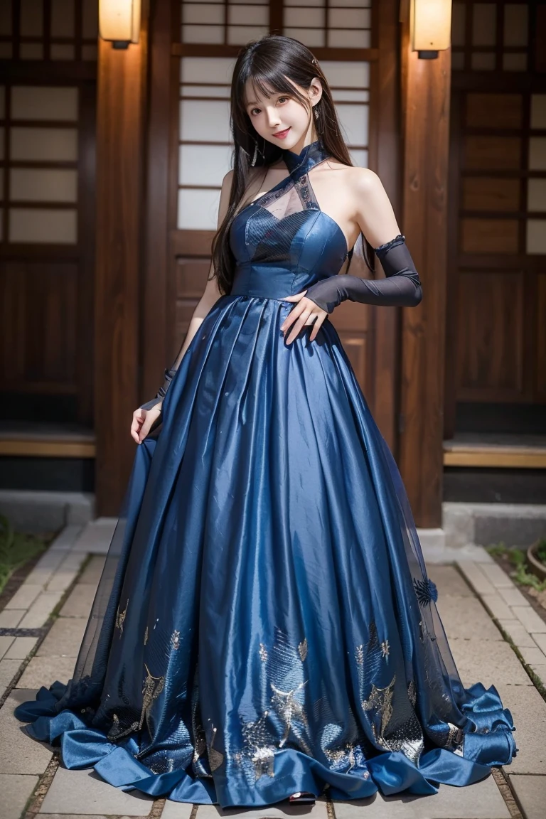  wearing a blue dress with a long skirt,   Japanese idol 、Full dress,  fantasy dress,  Elegant and Attractive Cosplay , Japanese model wearing fantasy style formal attire ,  black shimecut hairstyle,  looking at camera、Detailed and beautiful eyes、 cute smile、 soft and gentle expression 