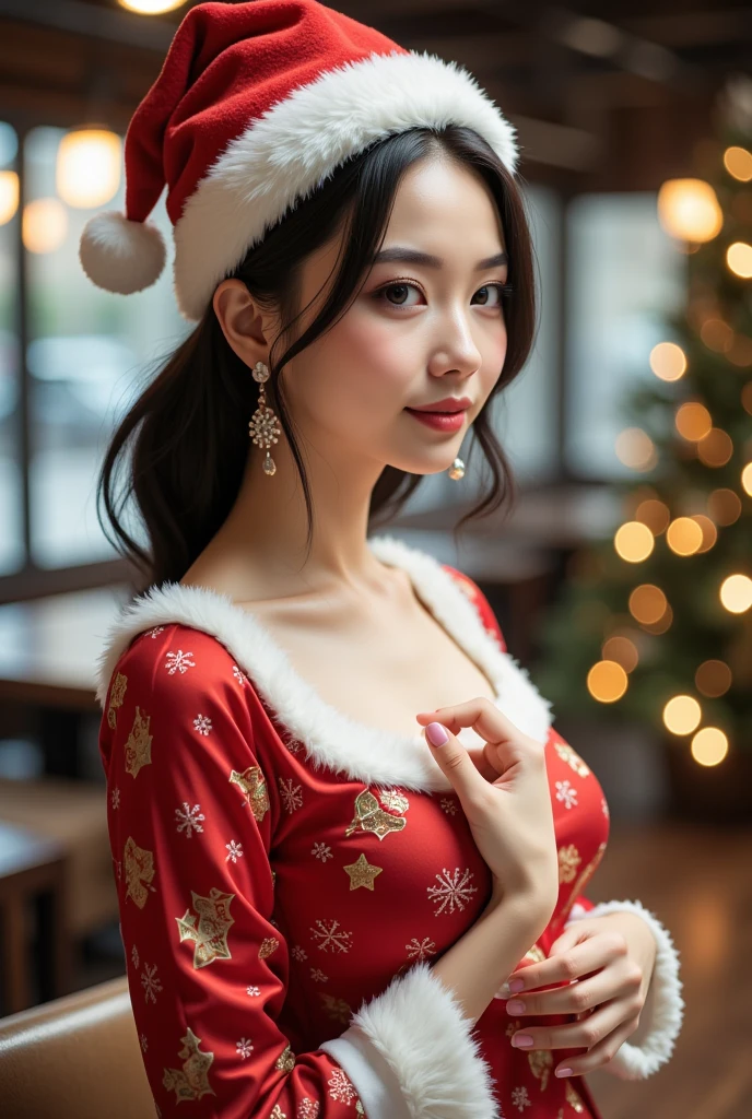 there a woman in a colorful christmas dress holding a christmas cake, wearing a winter christmas dress made of beads, wearing dress, with colored snow crystals, dressed in a snow crystal, wearing a wonderful dress, colorful winter dress, an intricate christmas dress, detailed dress, sexy dress, opened dress, wearing a long flowery dress, beautiful dress, ๐
๐