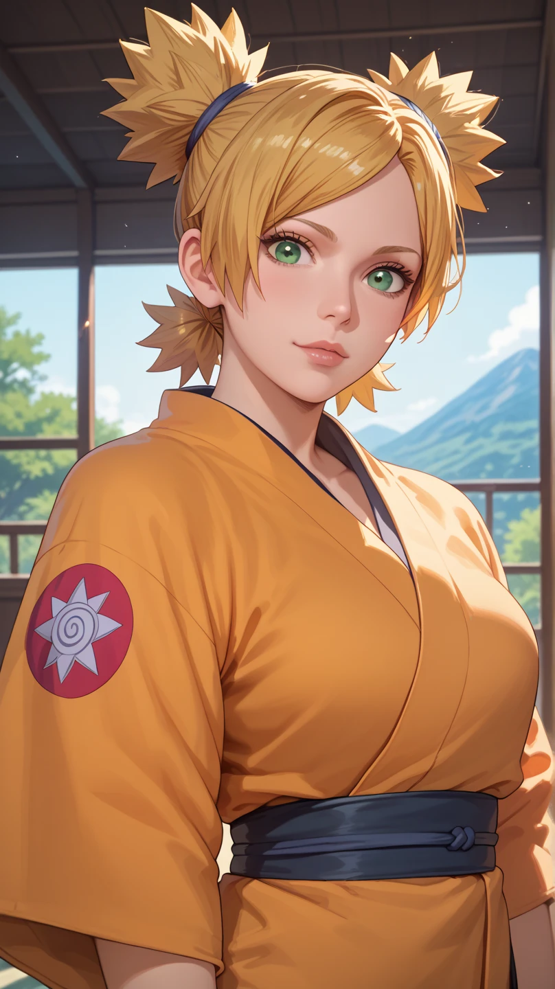 1girl, closeup, temari\(Boruto\), Short Hair, Space Bun, Yellow Hair, Green Eyes, Japanese clothes, bedroom background, photo shoot Best Quality, High Resolution, Anime Style, Looking at viewer,